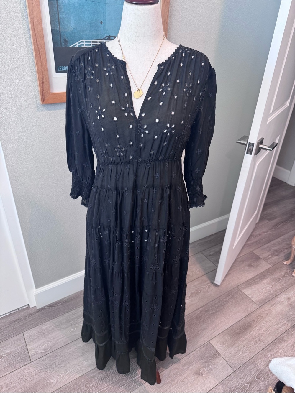 Johnny Was New With Tags Black Embroidered Maxi Daphne Eyelet Dress Medium - Picture 4 of 9